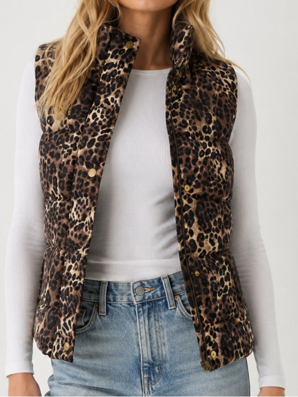 Charter Club Leopard Puffer Vest Petite M Quilted Snap Zip Brown Black